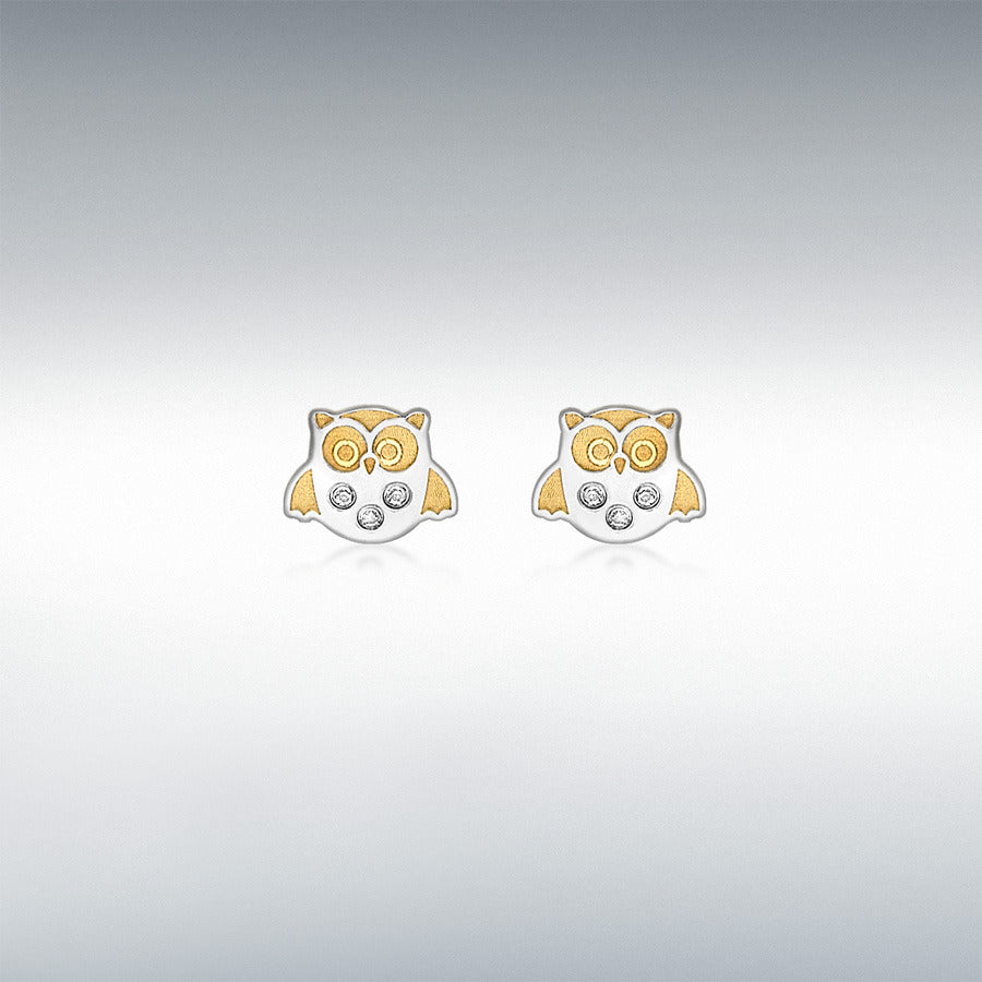 Pair of owl-shaped earrings on a light gray background