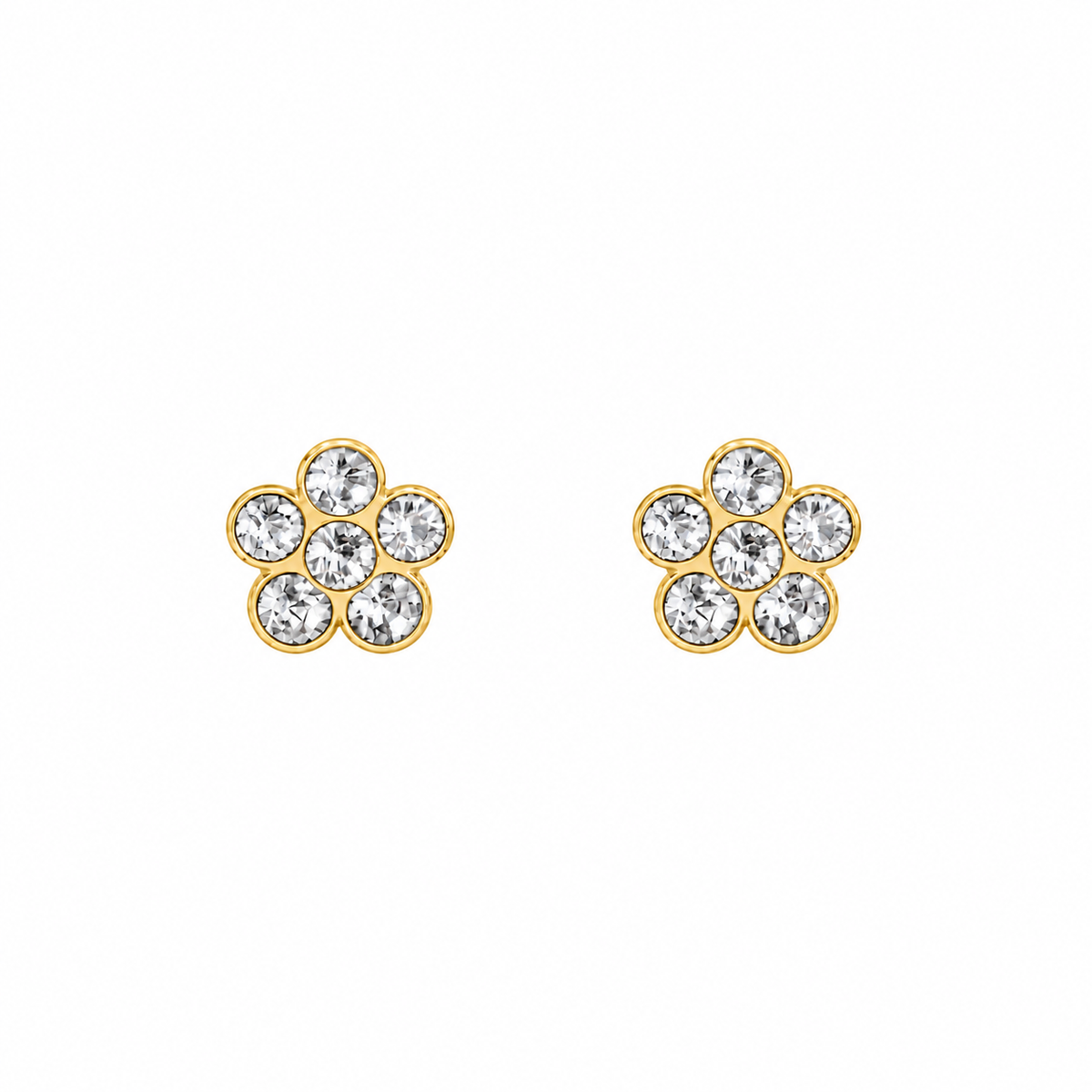 Pair of children’s gold-tone 6 mm flower stud earrings with clear stones and polished settings.