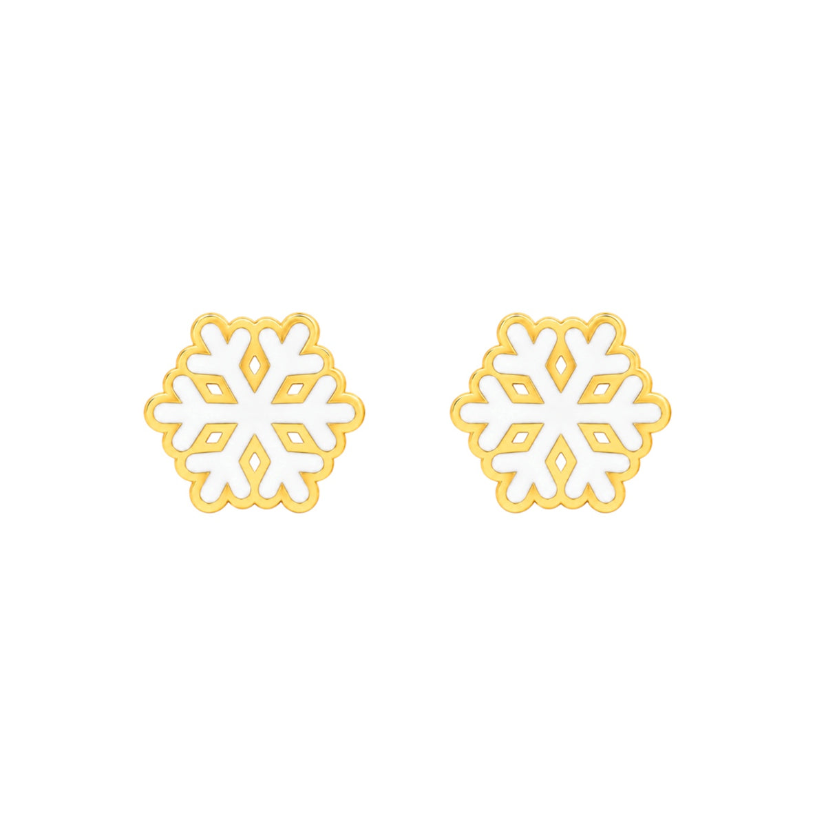 Pair of white enamel snowflake stud earrings with yellow gold-tone outlines, shown on a white background.
