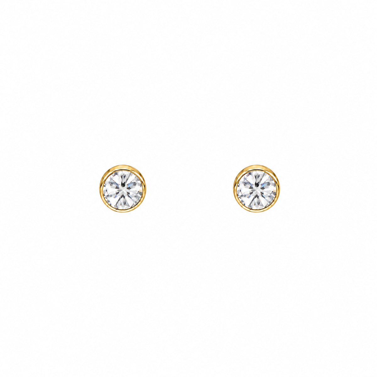 Pair of round clear crystal solitaire stud earrings in smooth gold-tone bezel settings, shown on a white background.