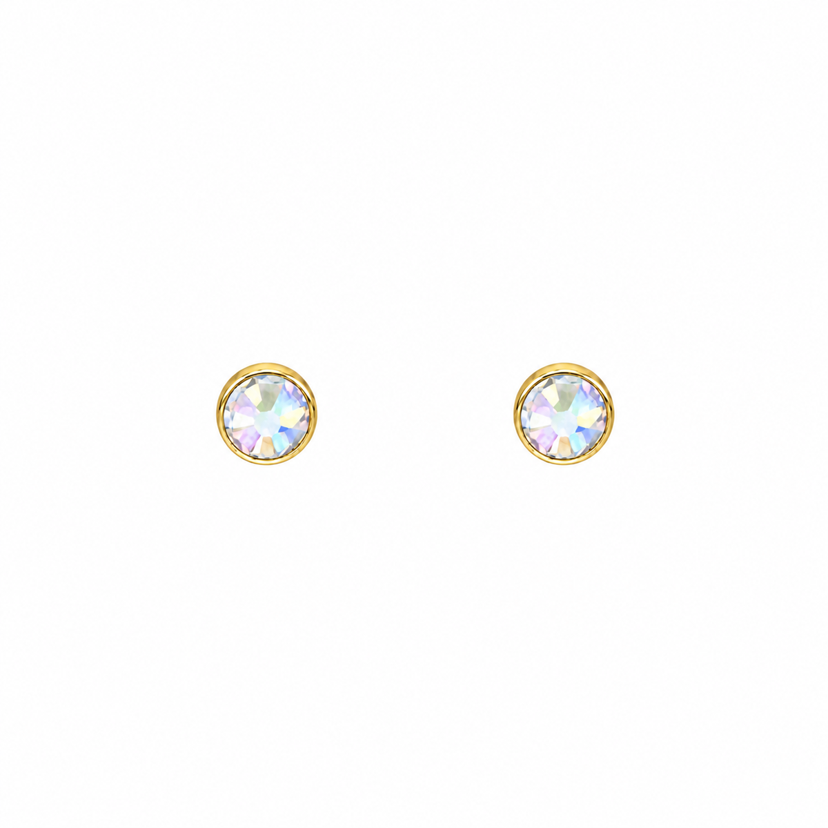 Pair of gold-tone flat back stud earrings with round iridescent AB crystals