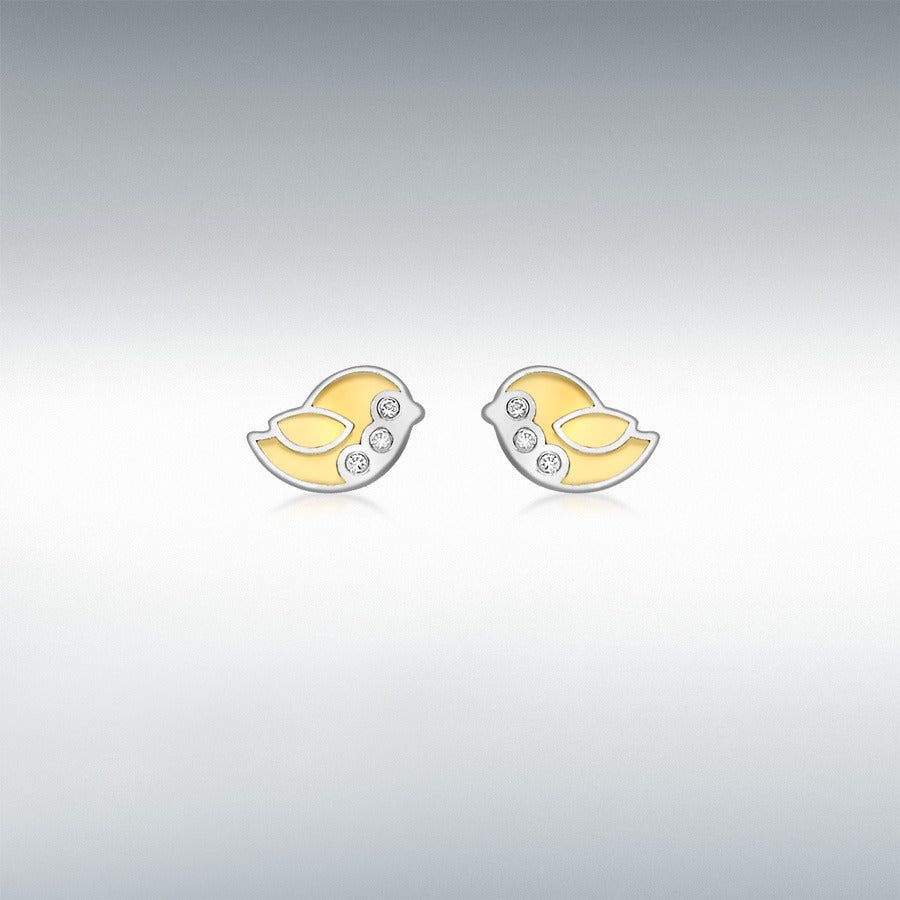 9CT 2-COLOUR GOLD CZ 7MM X 6MM BIRD STUD EARRINGS