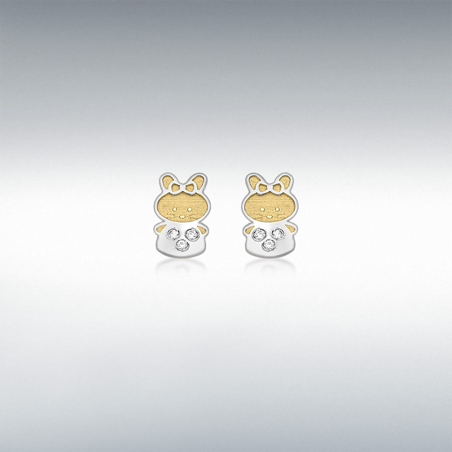 9CT 2-COLOUR GOLD CZ 5MM X 7MM RABBIT STUD EARRINGS