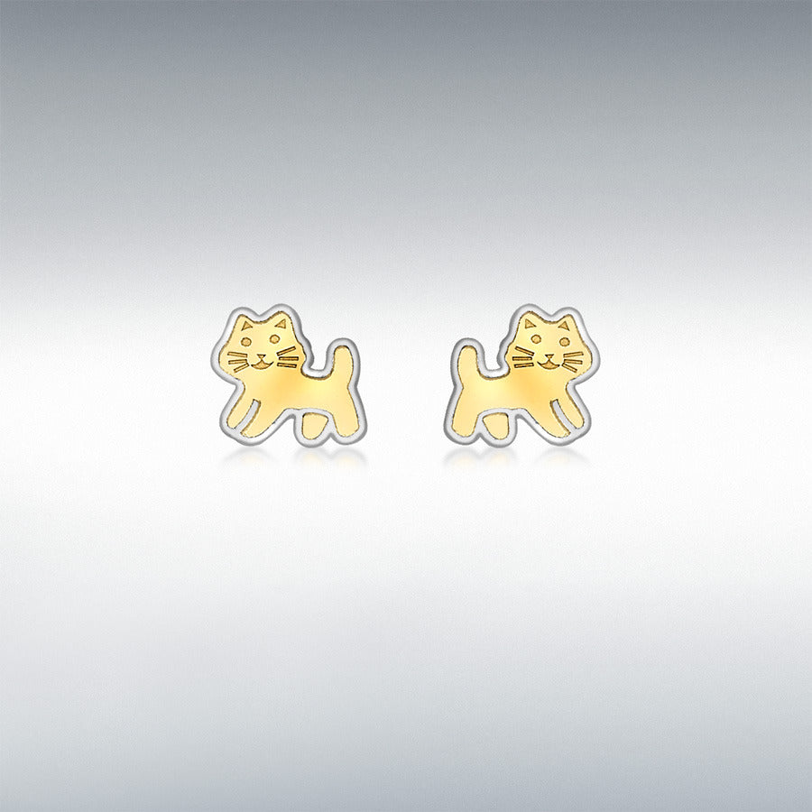 9CT 2-COLOUR GOLD 6MM X 6MM STANDING-CAT STUD EARRINGS
