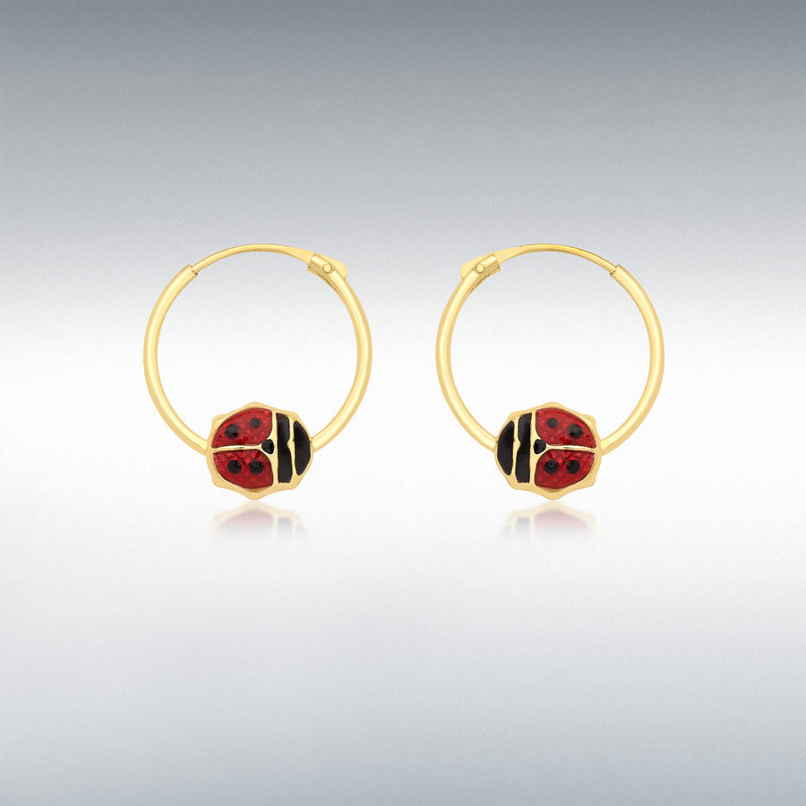 9CT YELLOW GOLD ENAMEL LADYBIRD 12MM HOOP EARRINGS