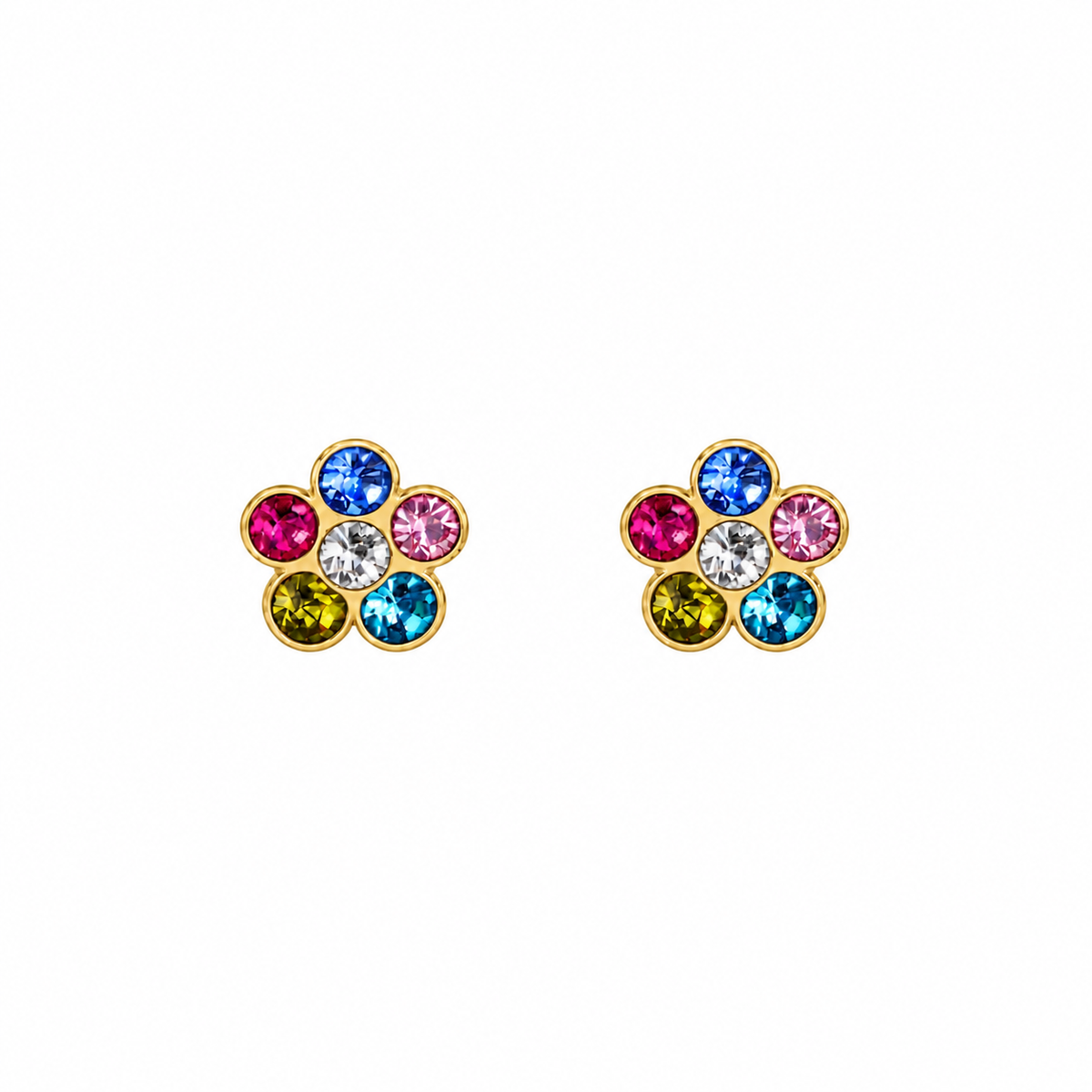 Pair of yellow gold-tone flower stud earrings with blue, pink, red and green stones around a clear centre stone.