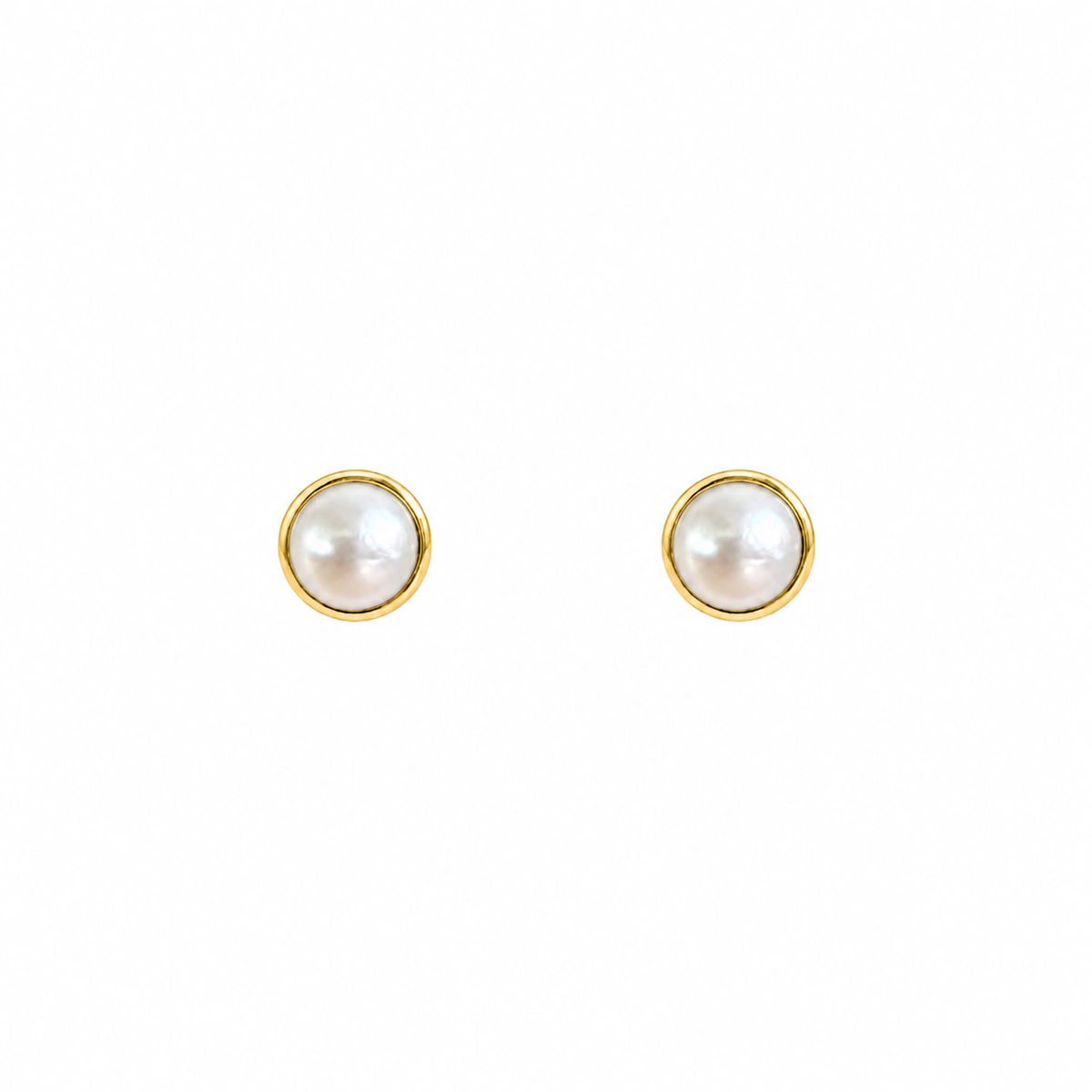Pair of yellow gold-tone pearl cup stud earrings with round white pearls.