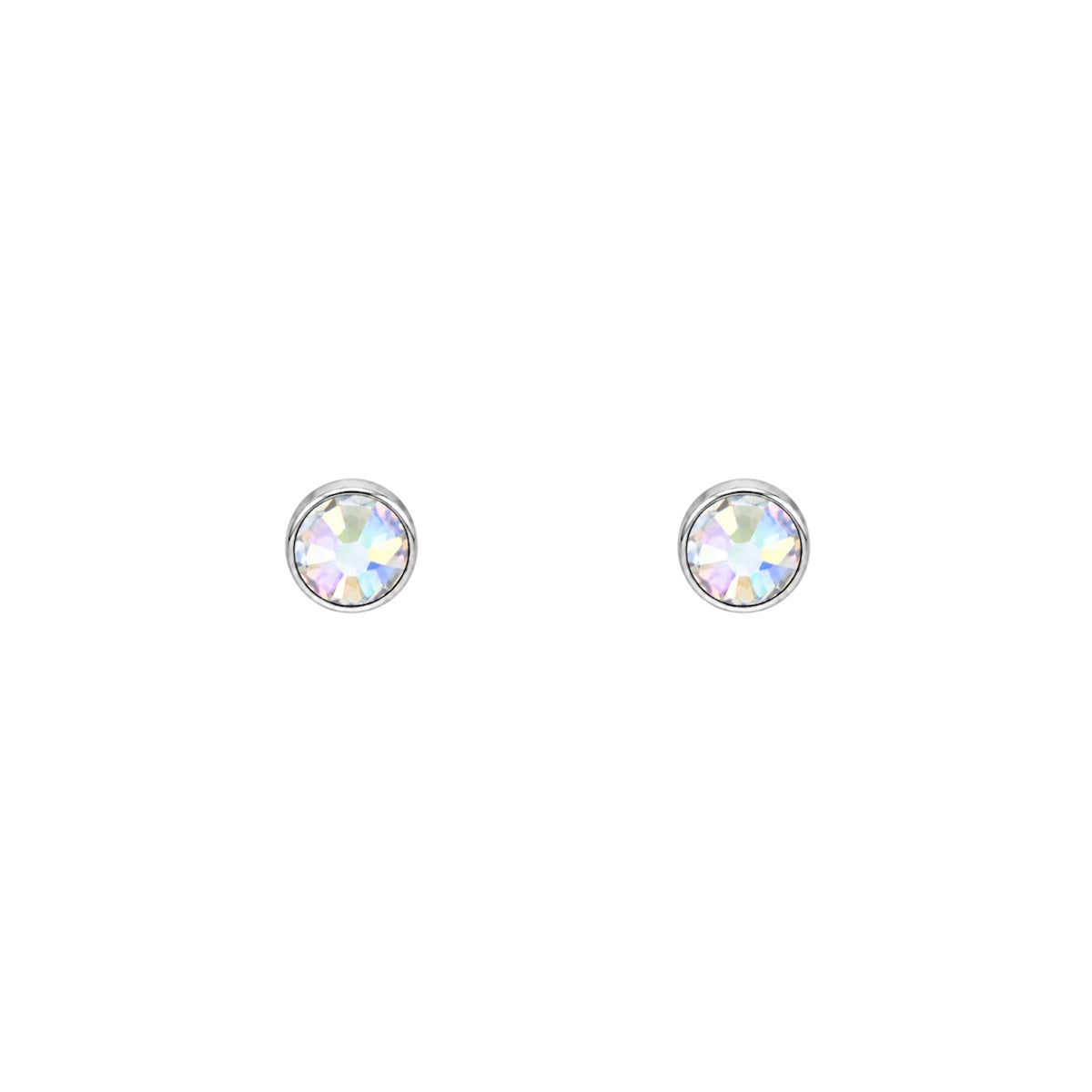Pair of white-tone flat back stud earrings with round iridescent AB crystals in smooth bezel settings.
