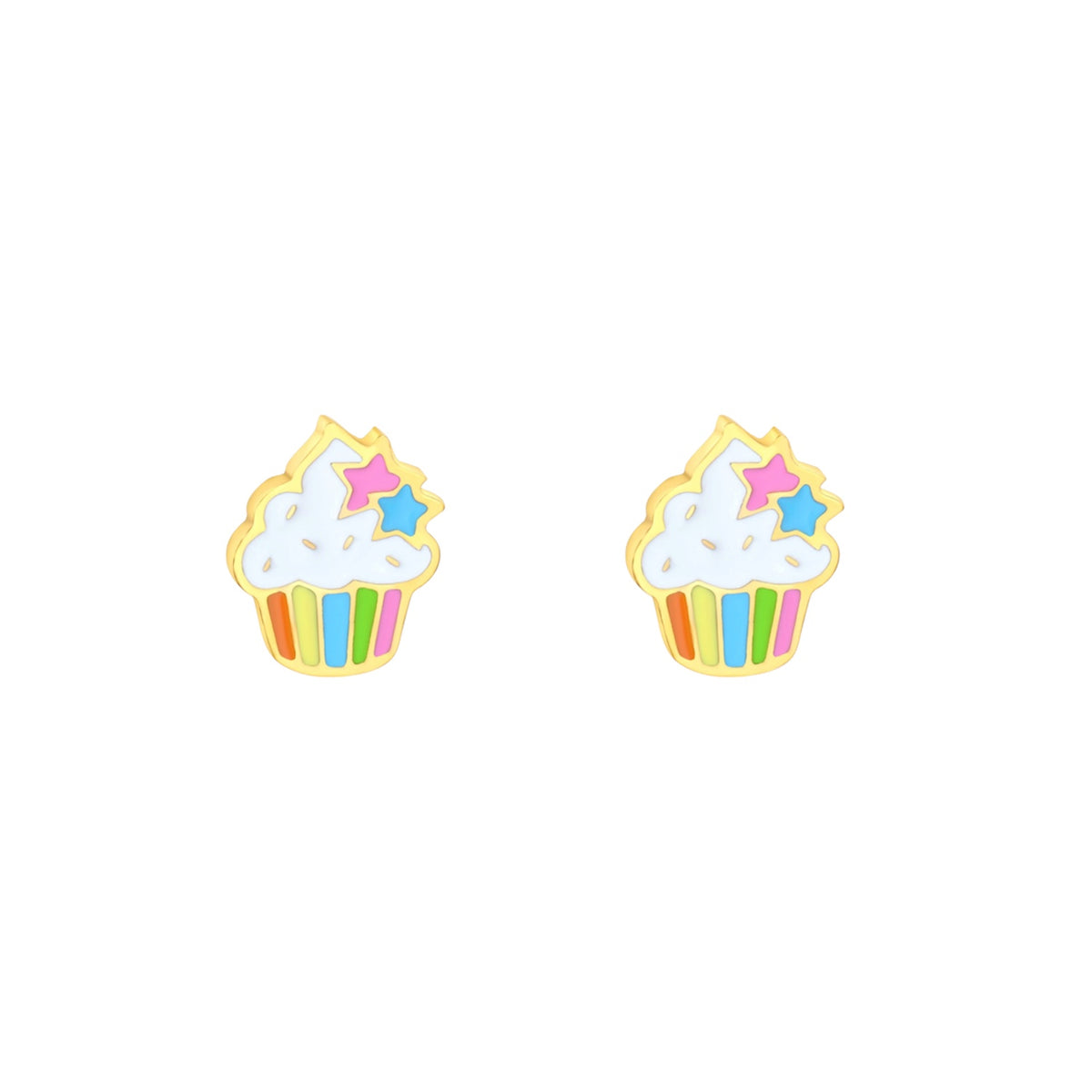 Colourful cupcake hypoallergenic flat back earrings for children in gold-tone 316L surgical stainless steel