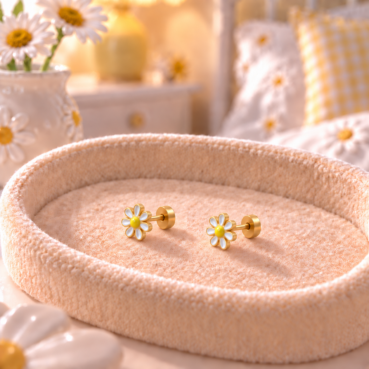 White and yellow daisy surgical steel earrings for children with secure screw-on flat backs