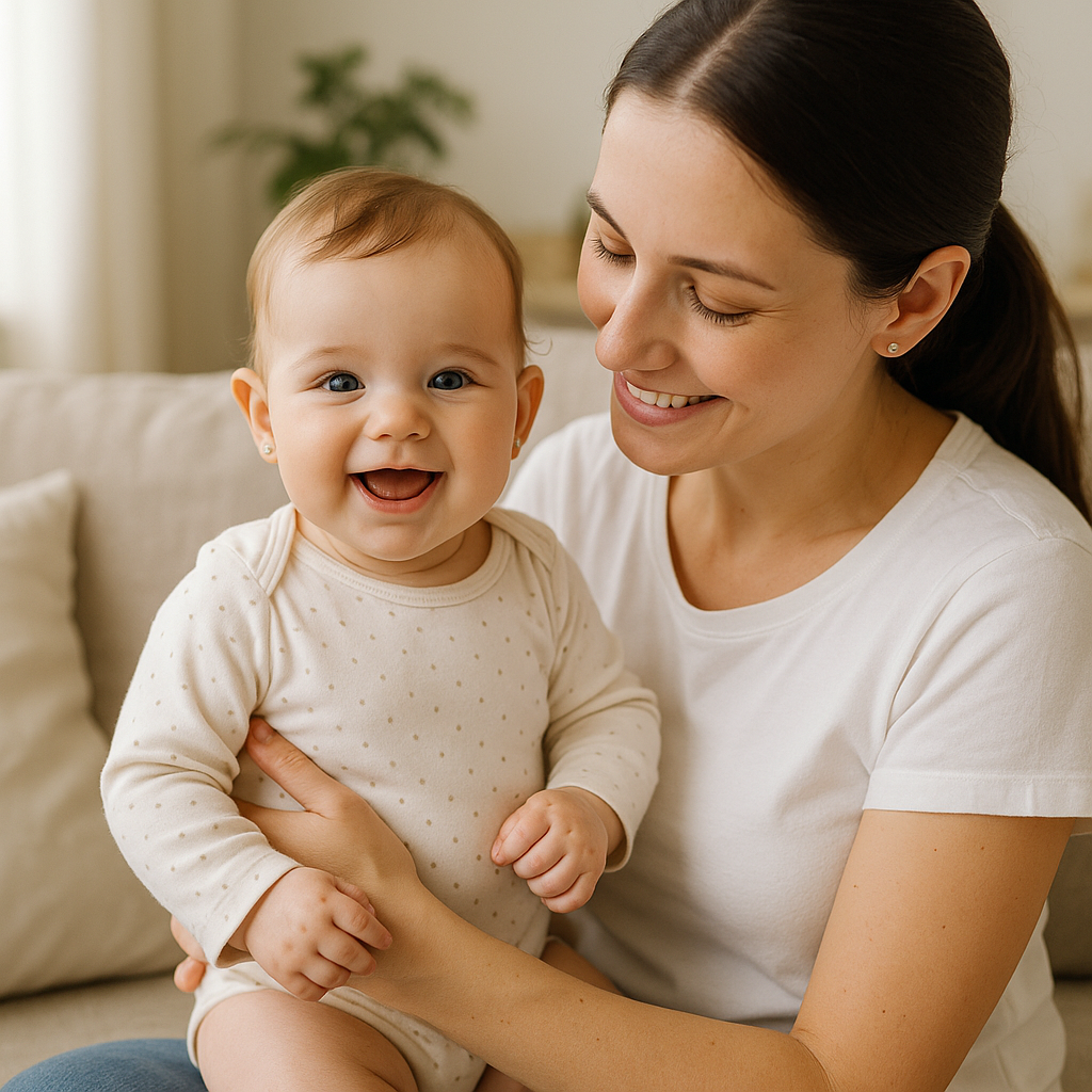 Happy baby after her home ear piercing in London