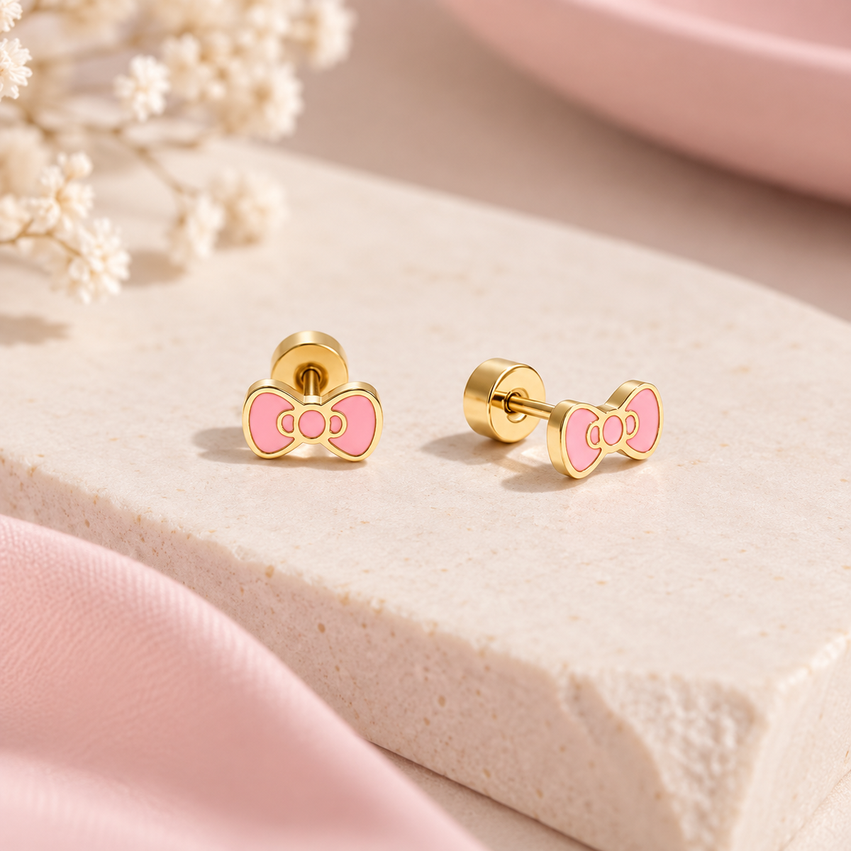 Pink bow surgical steel earrings for children with secure screw-on flat backs