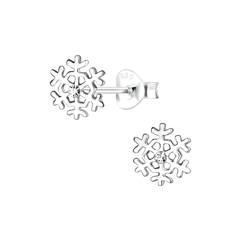 Sterling Silver Snowflake Crystal Ear Studs on white background