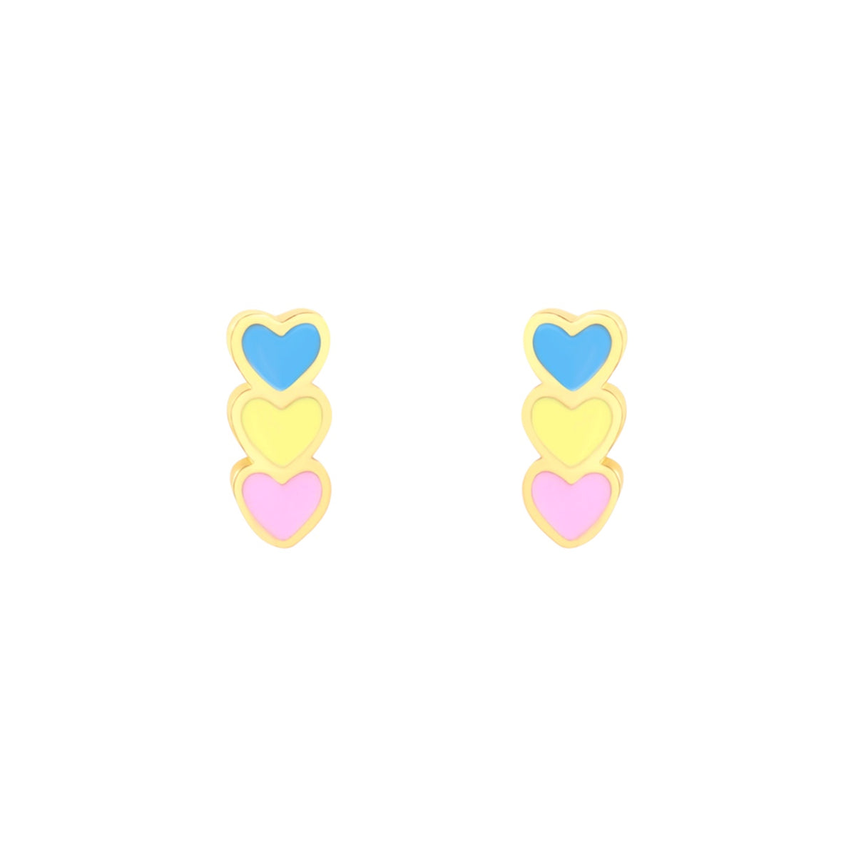Three hearts hypoallergenic flat back earrings for children in blue yellow and pink