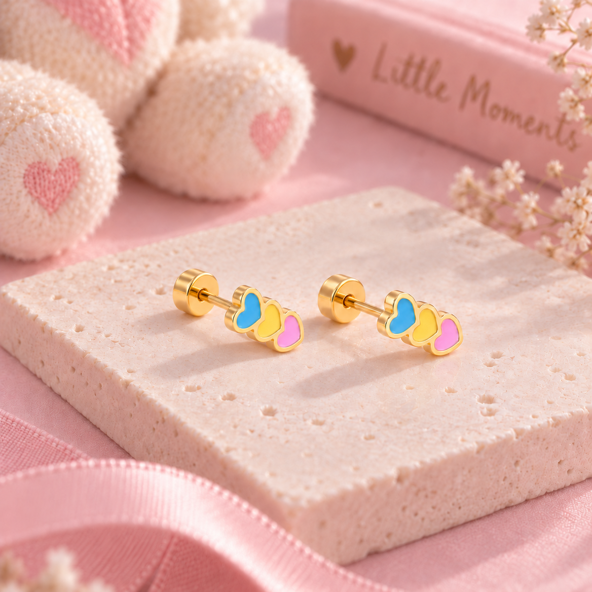 Three hearts hypoallergenic 316L surgical steel flat back earrings with screw-on backs