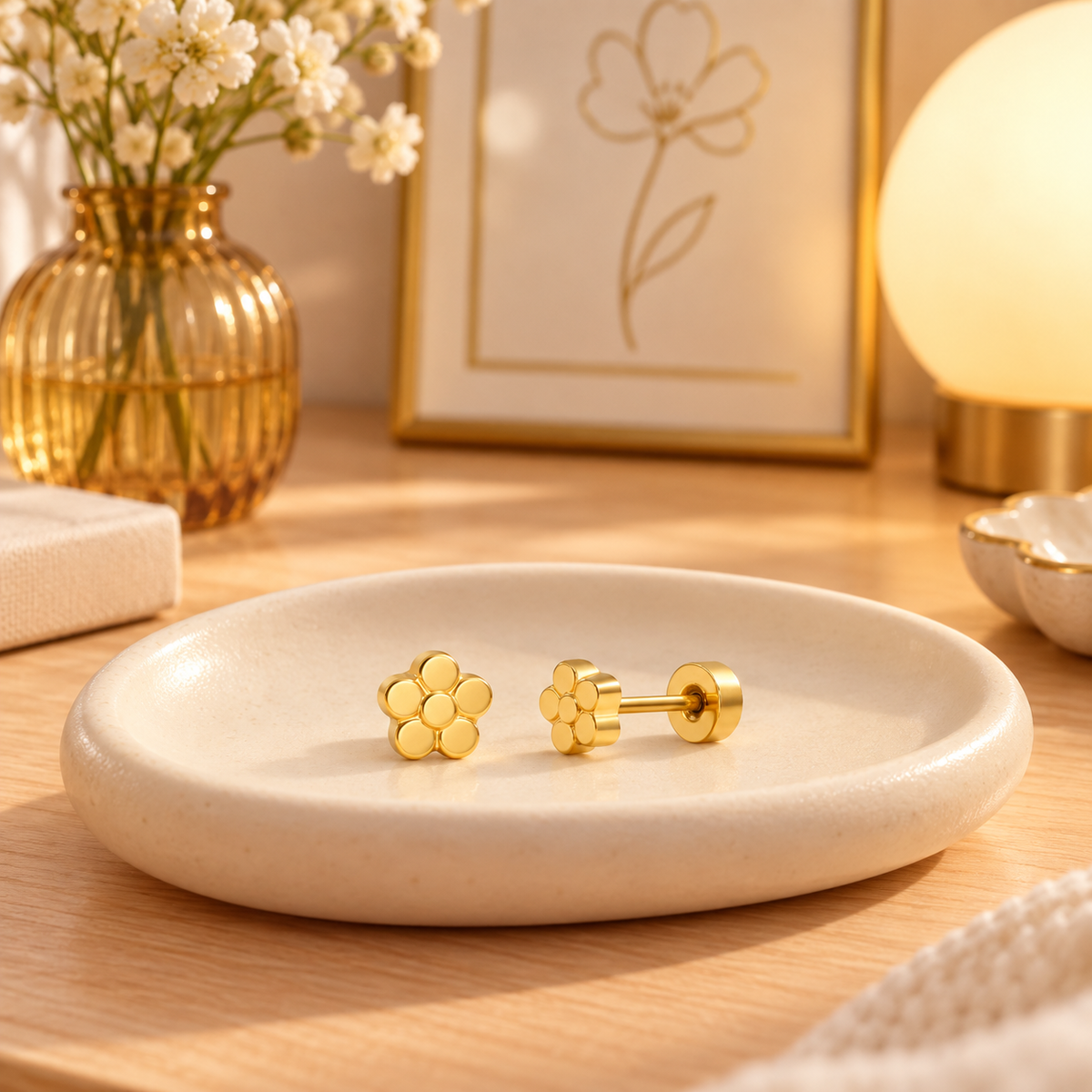 Tiny gold flower surgical steel earrings for children with secure screw-on flat backs