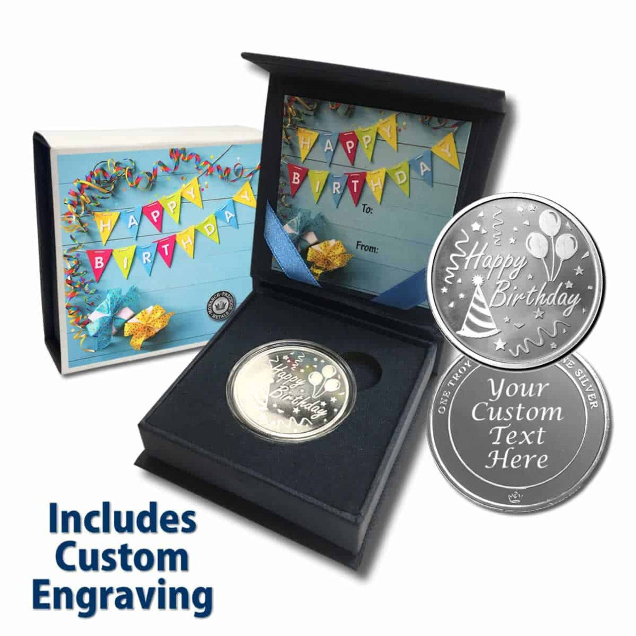 Silver coin in a box with a birthday card and custom engraving options 