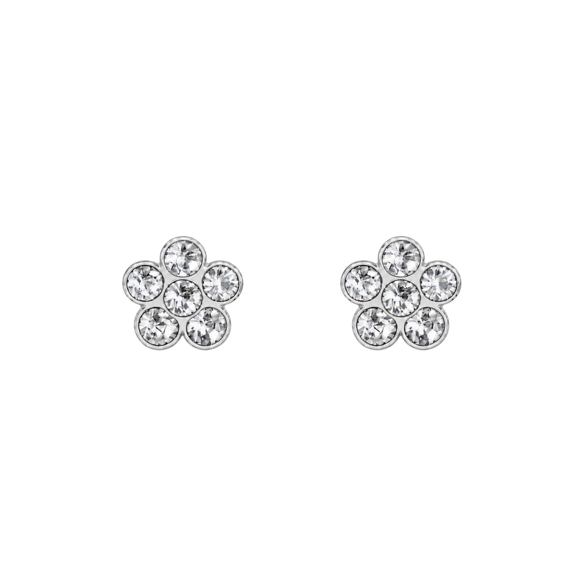 Pair of children’s white gold-tone 6 mm flower stud earrings with clear stones and polished settings.