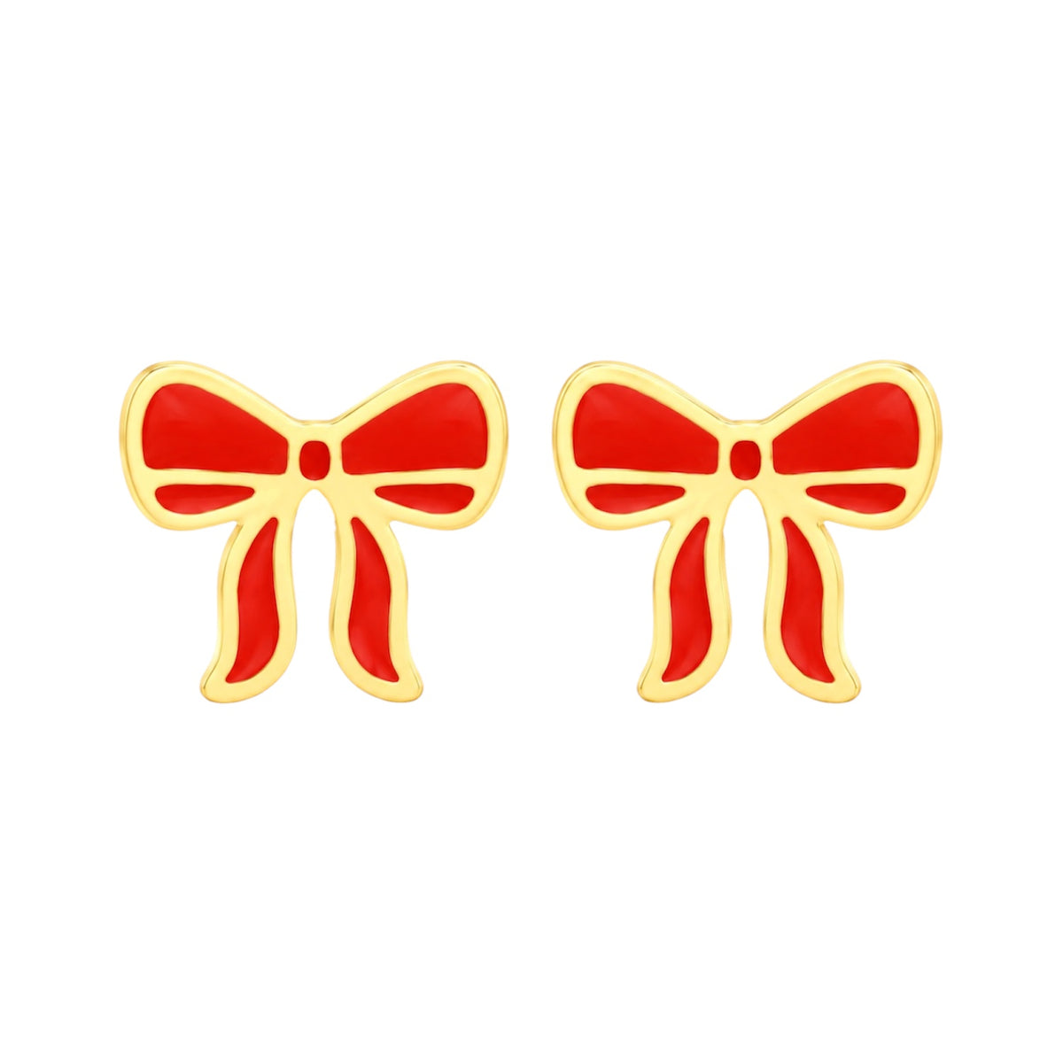 Pair of red enamel bow stud earrings with yellow gold-tone outlines, shown on a white background.