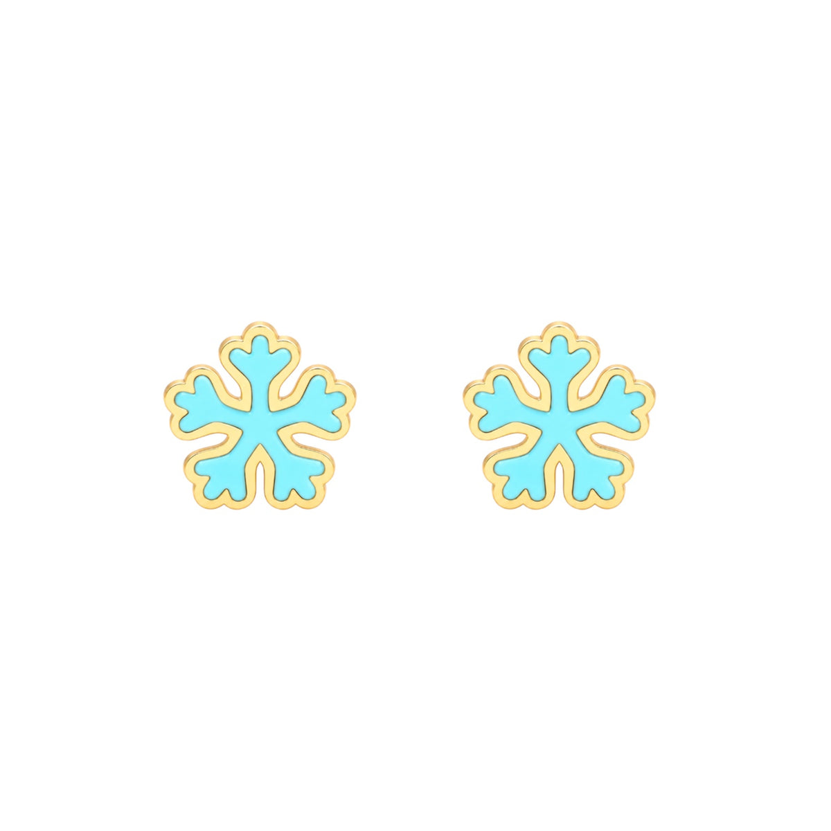 Pair of turquoise enamel snowflake stud earrings with yellow gold-tone outlines, shown on a white background.