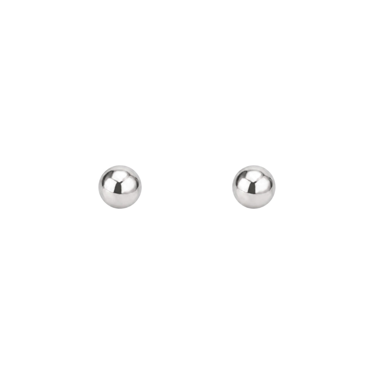 Pair of polished white gold-tone ball stud earrings for children with push-fit flat backs.