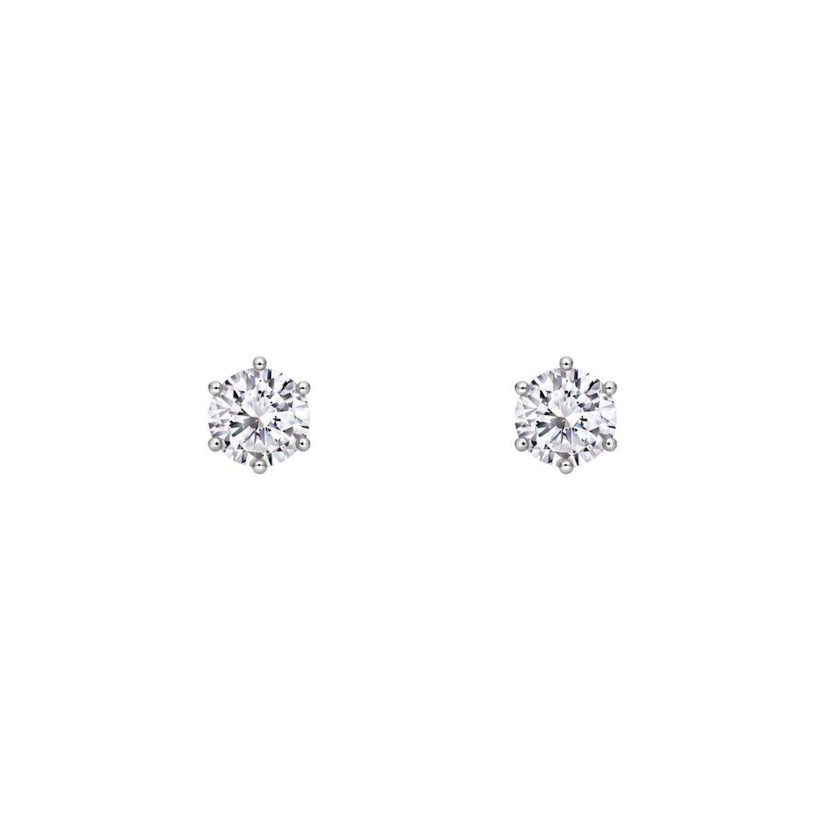Pair of clear 3 mm crystal stud earrings in white gold-tone six-claw settings.