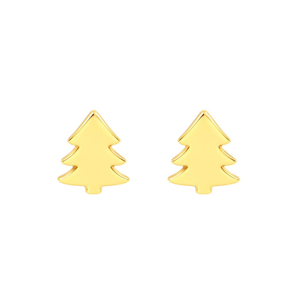 Pair of polished yellow gold-tone Christmas tree stud earrings shown from the front on a white background.