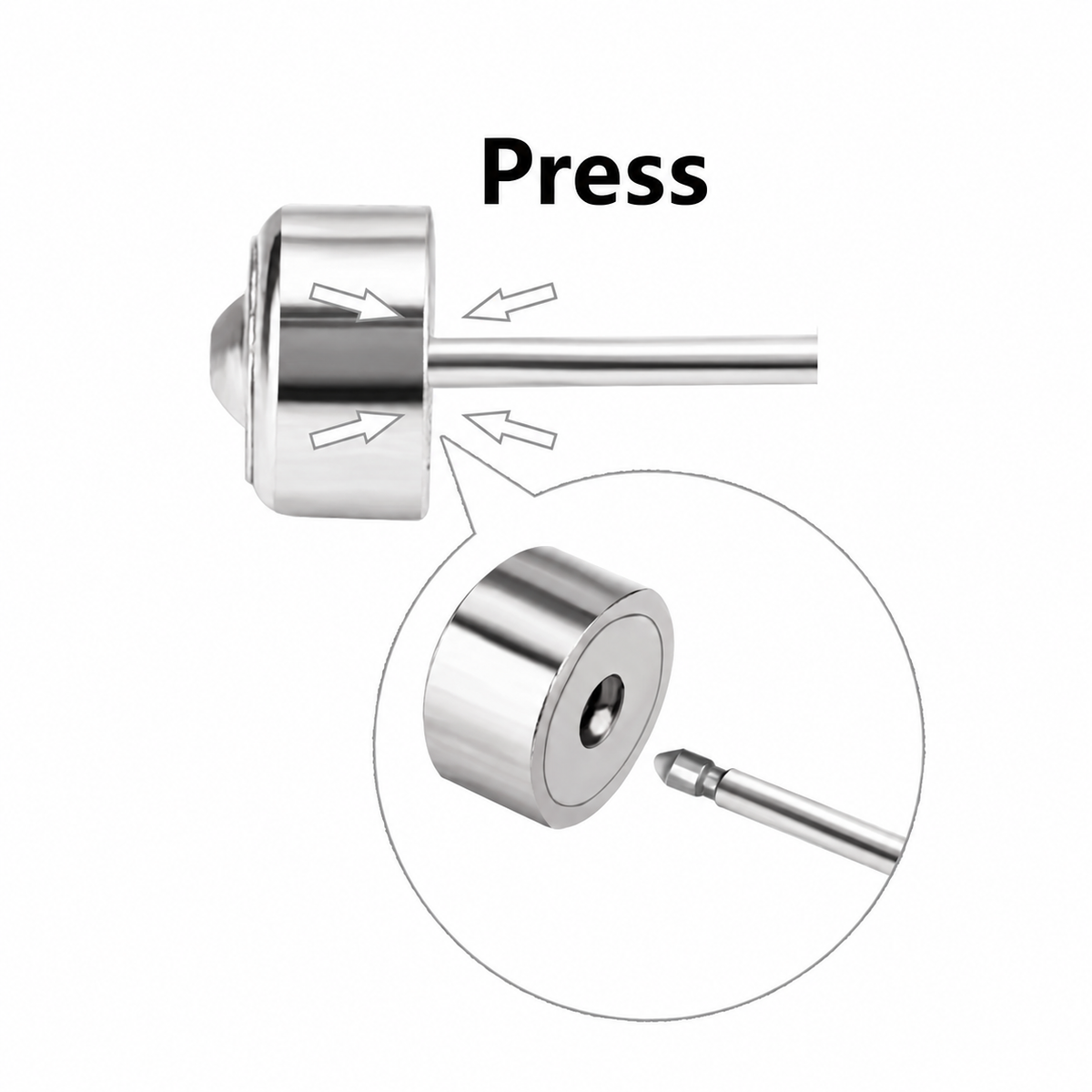 Diagram showing an earring post being pressed into its matching flat back, with a close-up of the push-fit connection.