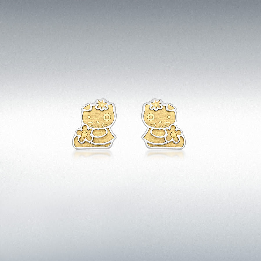 9CT 2-COLOUR GOLD 6MM X 7MM KITTY FLOWER STUD EARRINGS