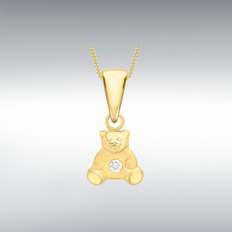 9CT YELLOW GOLD SATIN 2MM CZ 8MM X 15MM TEDDY BEAR PENDANT WITH CHAIN