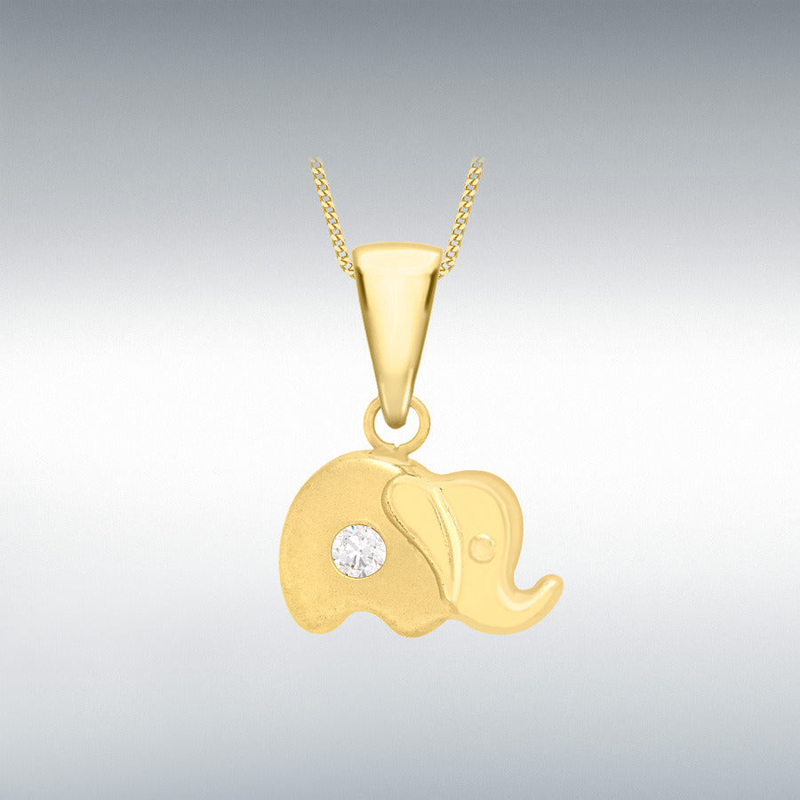 9CT YELLOW GOLD 2MM CZ 10MM X 14MM SATIN ELEPHANT PENDANT WITH CHAIN INCLUDED