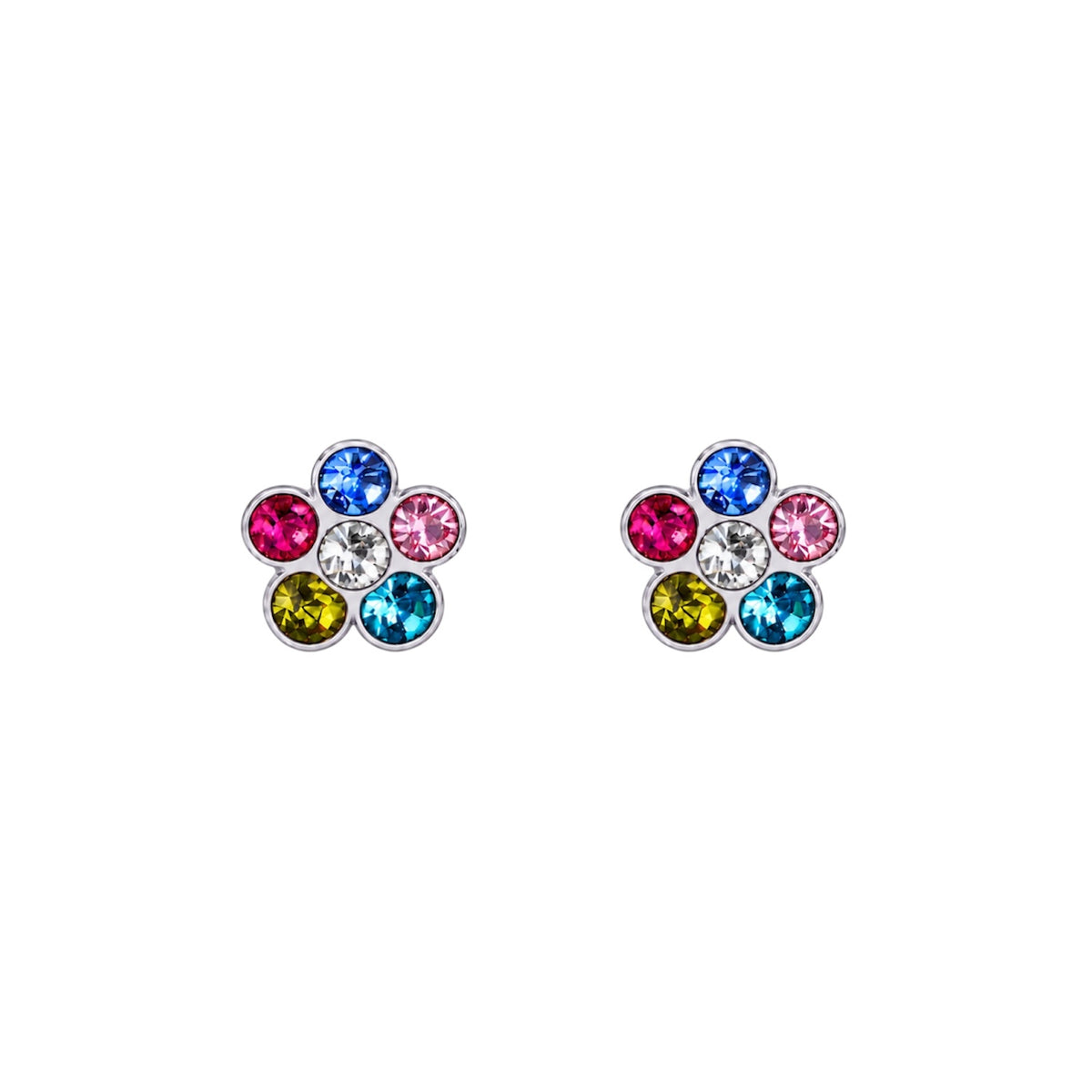 Pair of white gold-tone flower stud earrings with blue, pink, red and green stones around a clear centre stone.