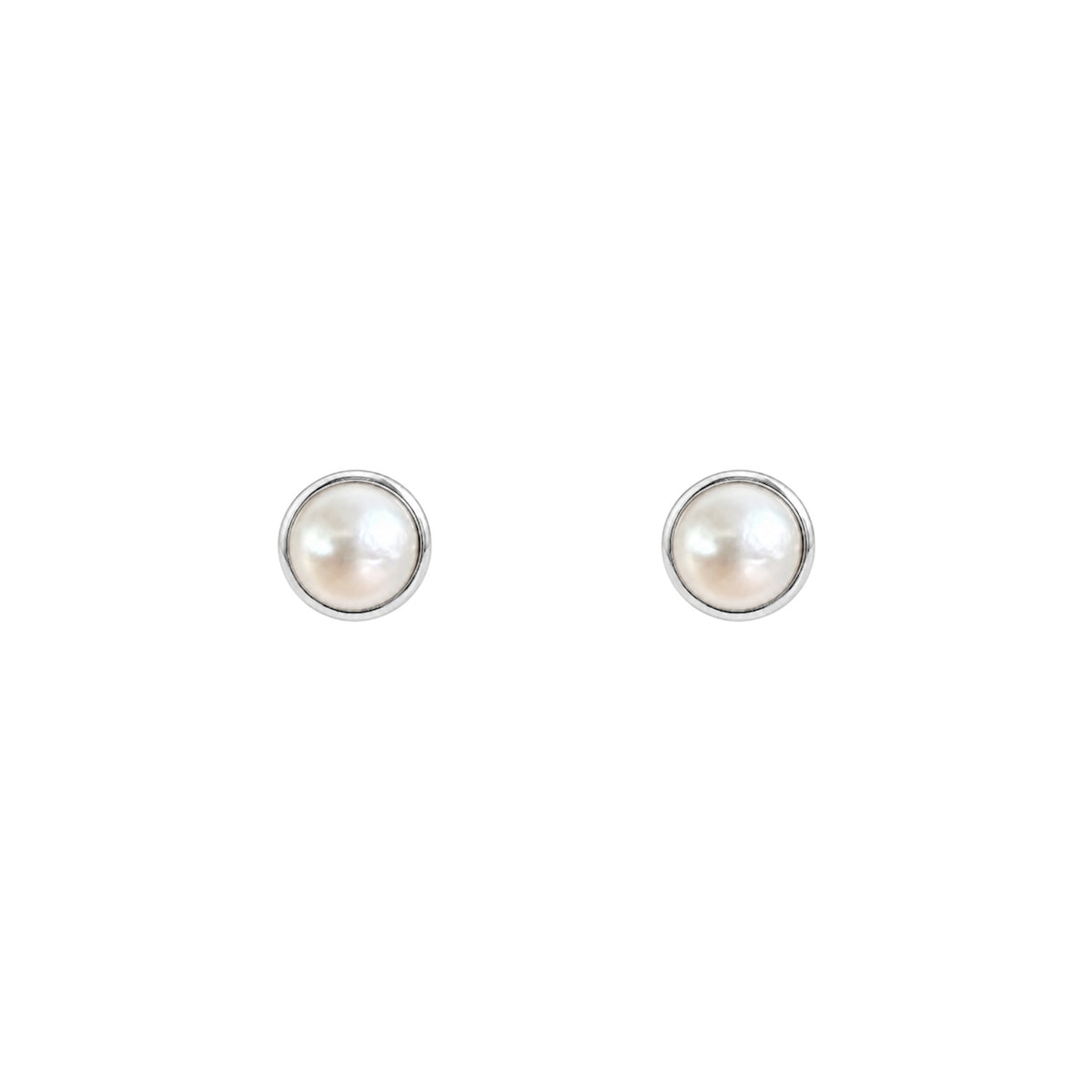 Pair of white gold-tone pearl cup stud earrings with round white pearls.