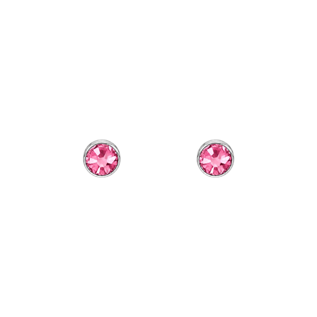 Pair of pink crystal stud earrings in polished white gold-tone cup settings.