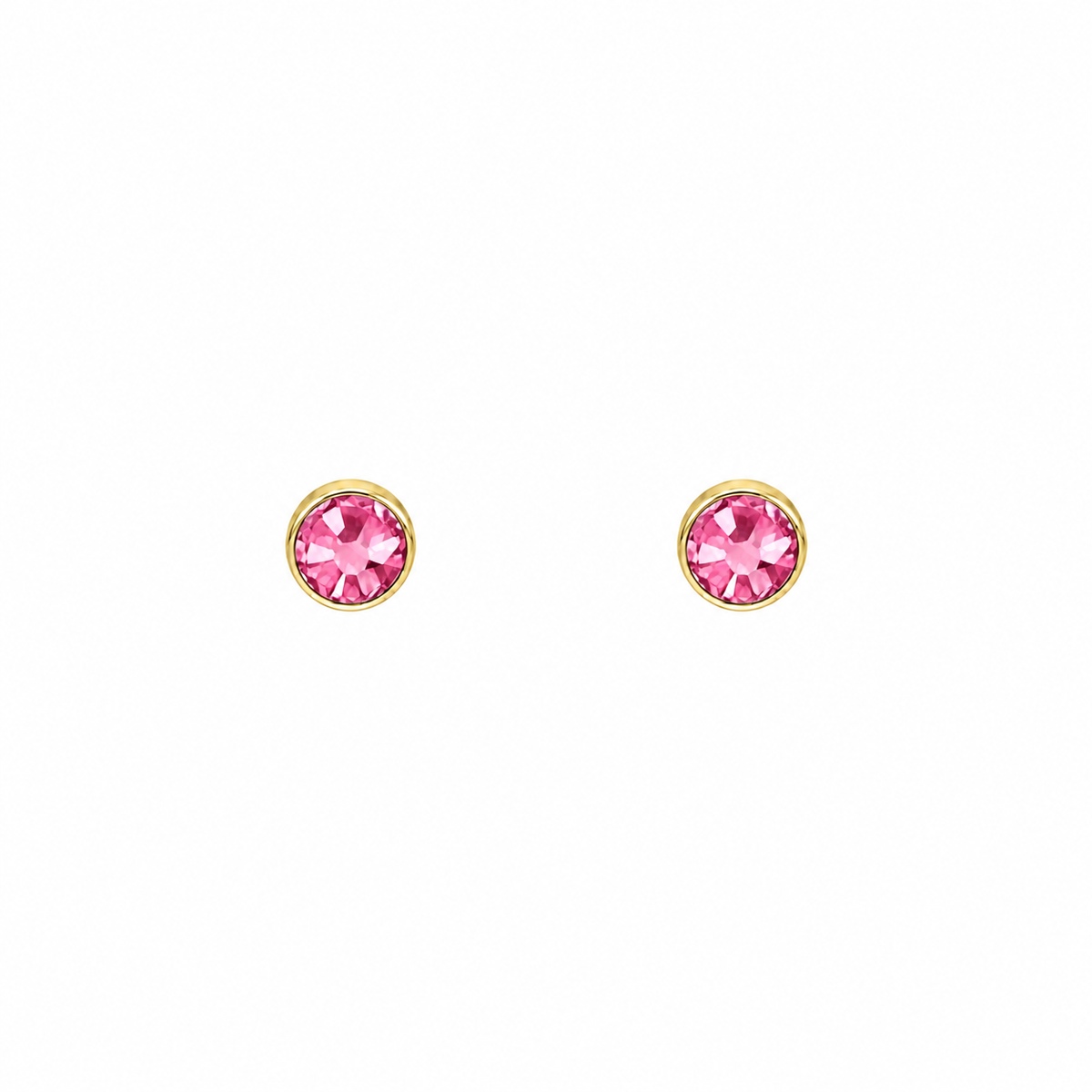 Pair of pink crystal stud earrings in polished yellow gold-tone cup settings.