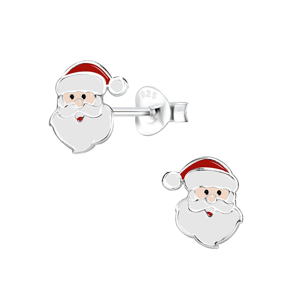 Silver Santa Claus earrings on a white background