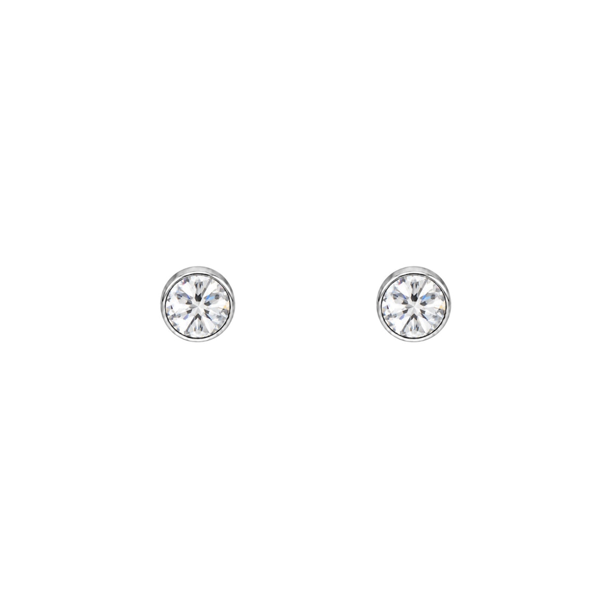 Pair of round clear crystal solitaire stud earrings in smooth white-tone bezel settings, shown on a white background.
