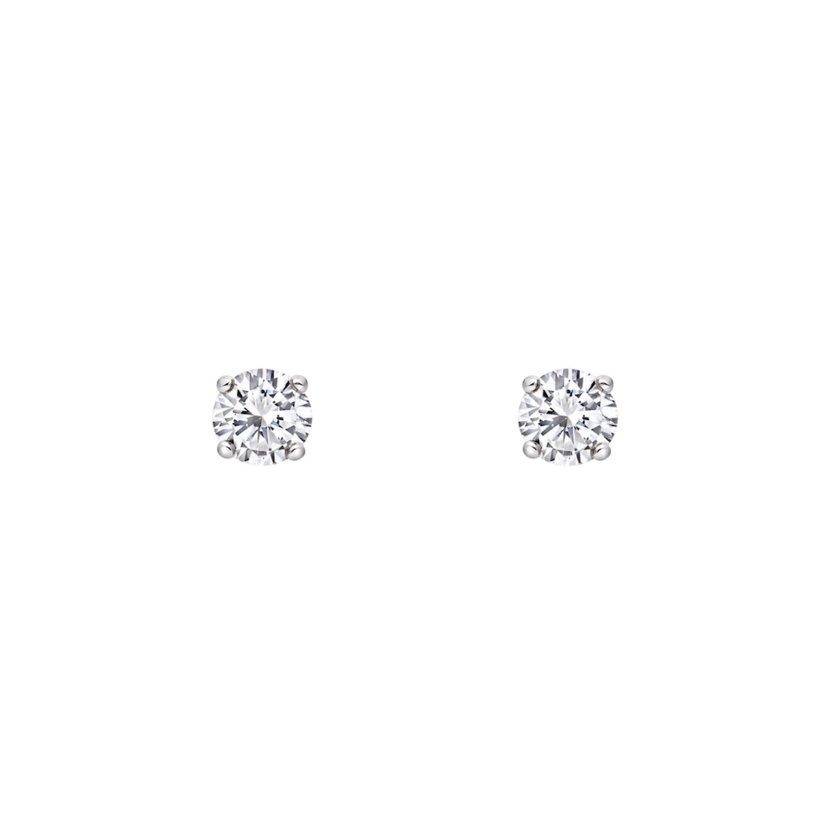 Pair of round clear crystal solitaire stud earrings with four white-tone claws, shown on a white background.