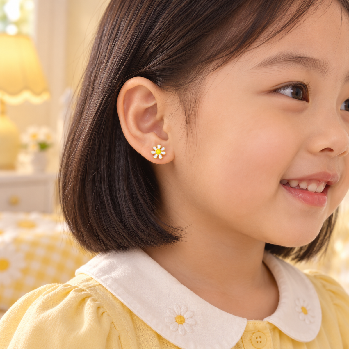 Daisy hypoallergenic earring worn in a child’s ear, designed for sensitive ears