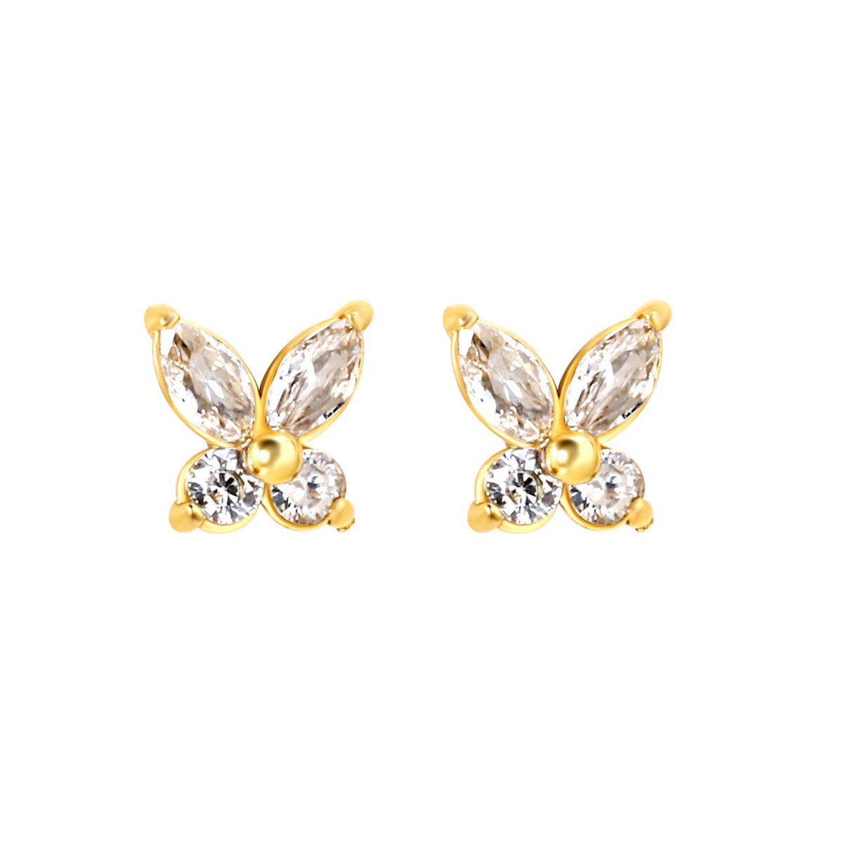 Gold crystal butterfly flat back earrings for children in 316L surgical stainless steel