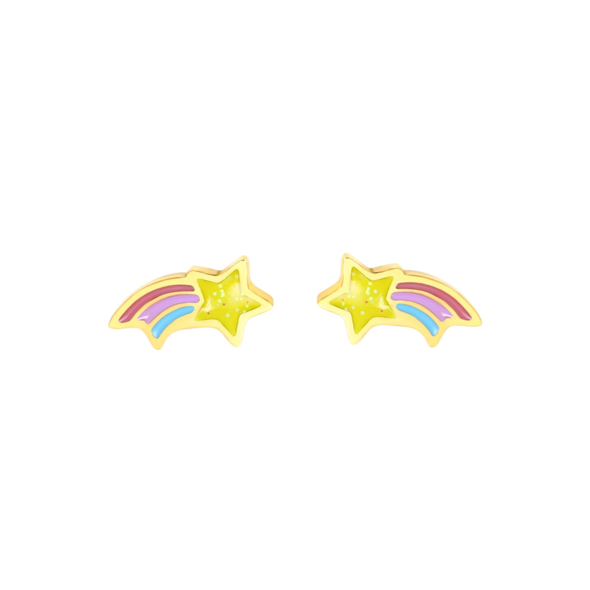 Gold rainbow shooting star earrings for children in 316L surgical stainless steel