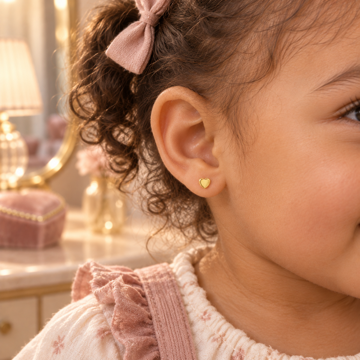 Child wearing hypoallergenic stainless steel heart earrings