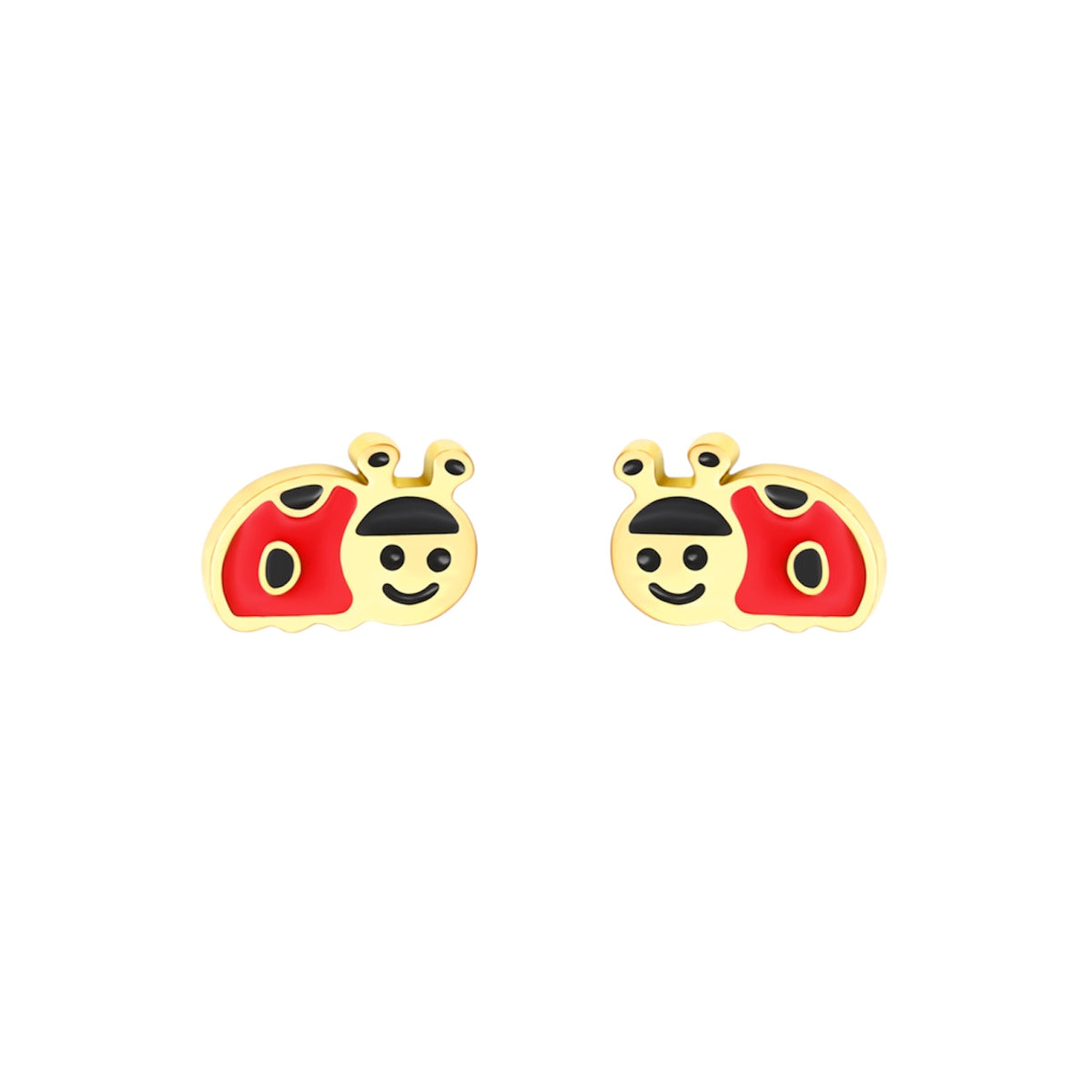 Red ladybird hypoallergenic flat back earrings for children in gold-tone 316L surgical stainless steel