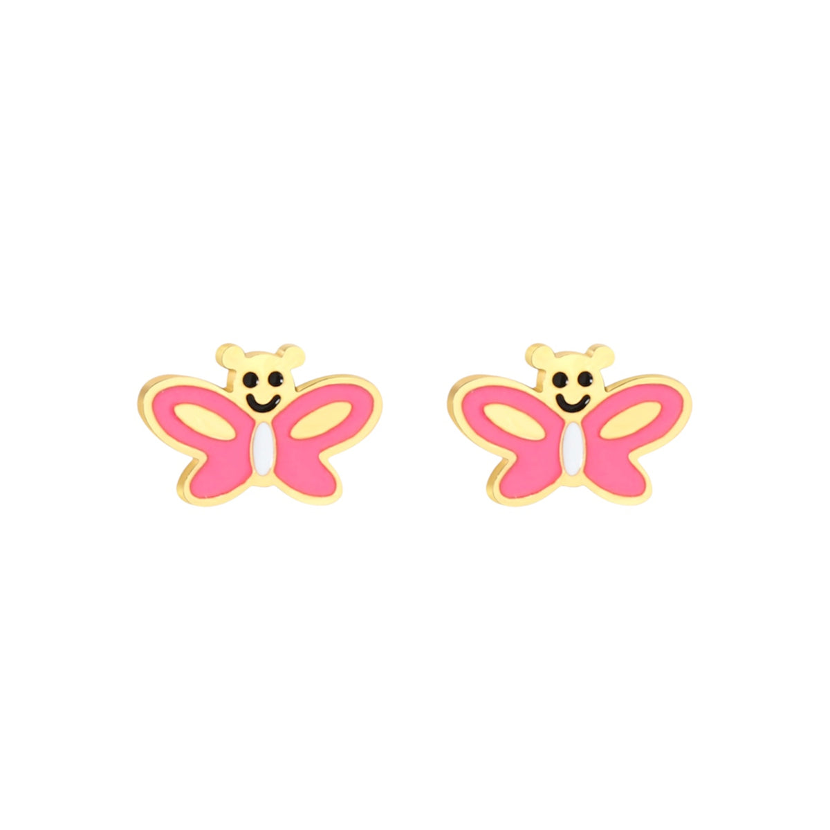 Pink butterfly hypoallergenic flat back earrings for children in gold-tone 316L surgical stainless steel