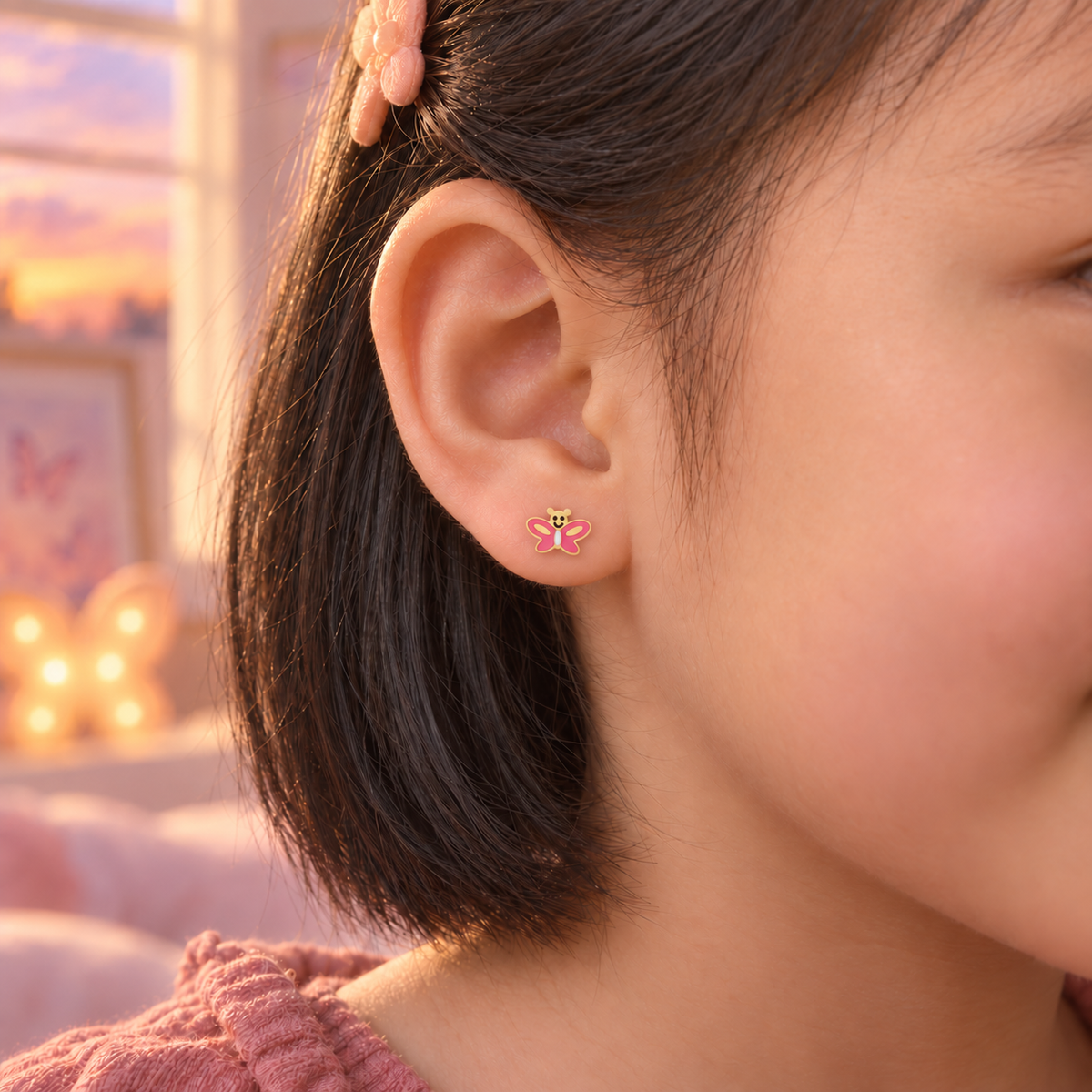 Pink butterfly hypoallergenic earring worn in a child’s ear, designed for sensitive ears