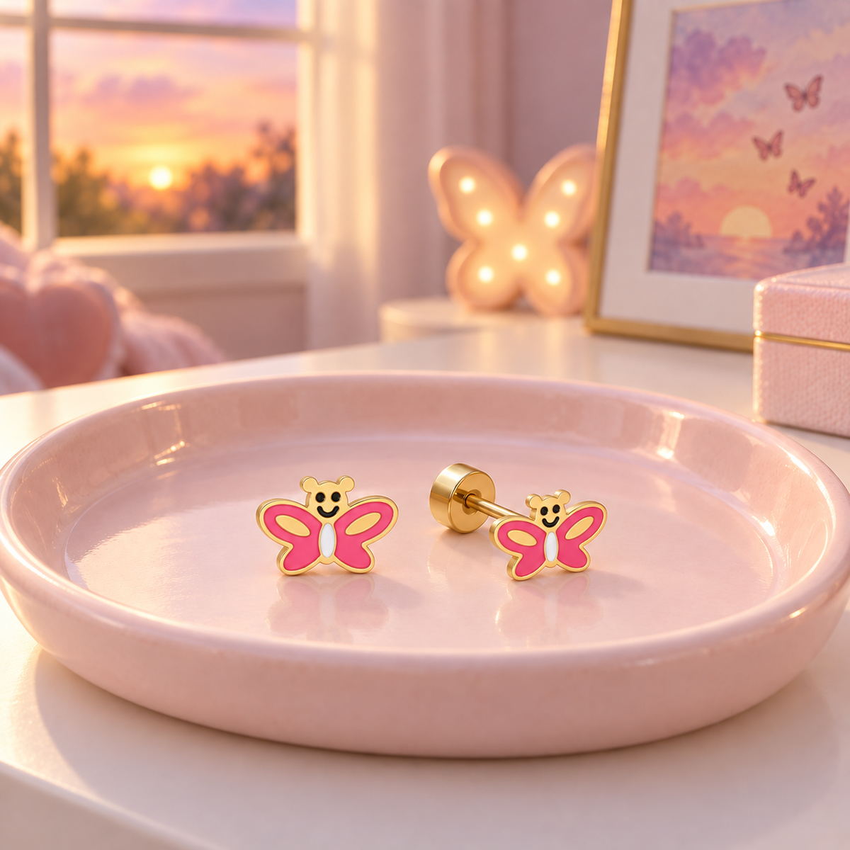 Pink butterfly surgical steel earrings for children with secure screw-on flat backs