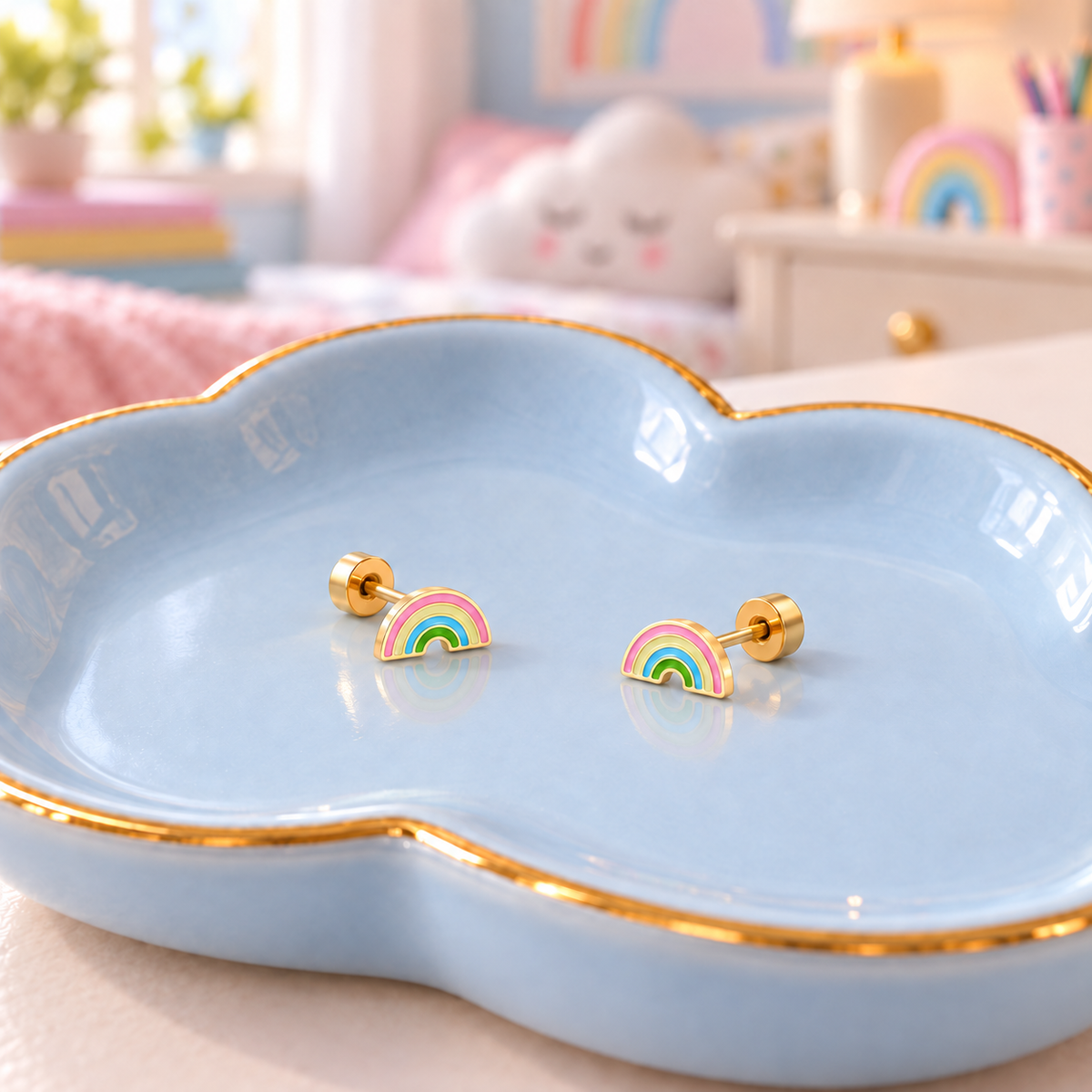 Rainbow hypoallergenic flat back earrings for children with screw-on backs