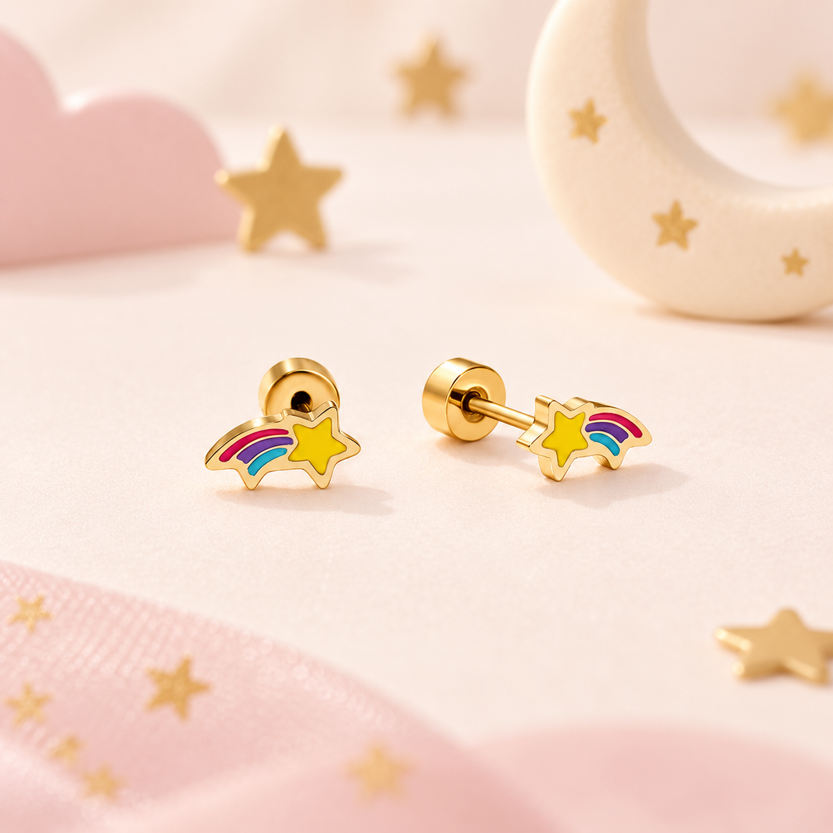 Gold rainbow shooting star flat back earrings for children with secure screw-on backs