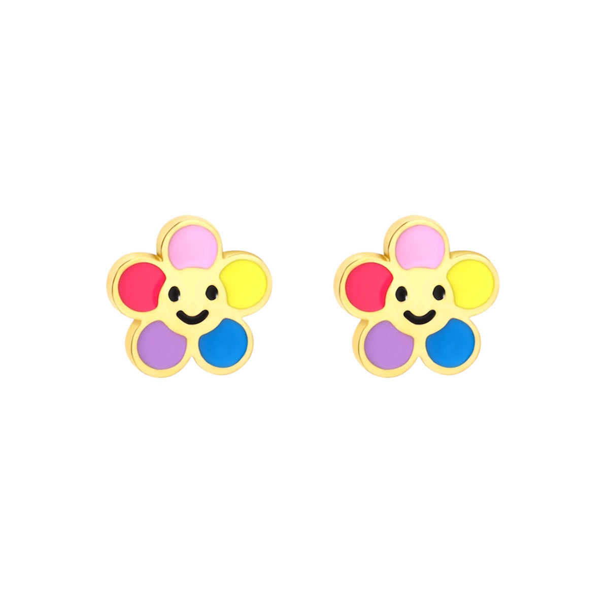 Colourful smiley flower hypoallergenic flat back earrings for children in gold-tone 316L surgical stainless steel