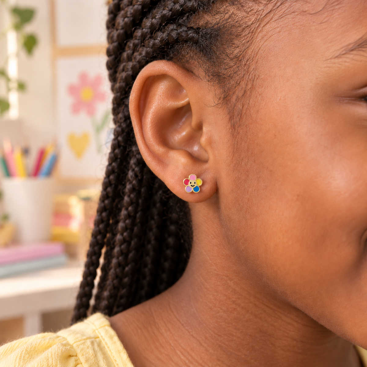 Smiley flower hypoallergenic earring worn in a child’s ear, designed for sensitive ears